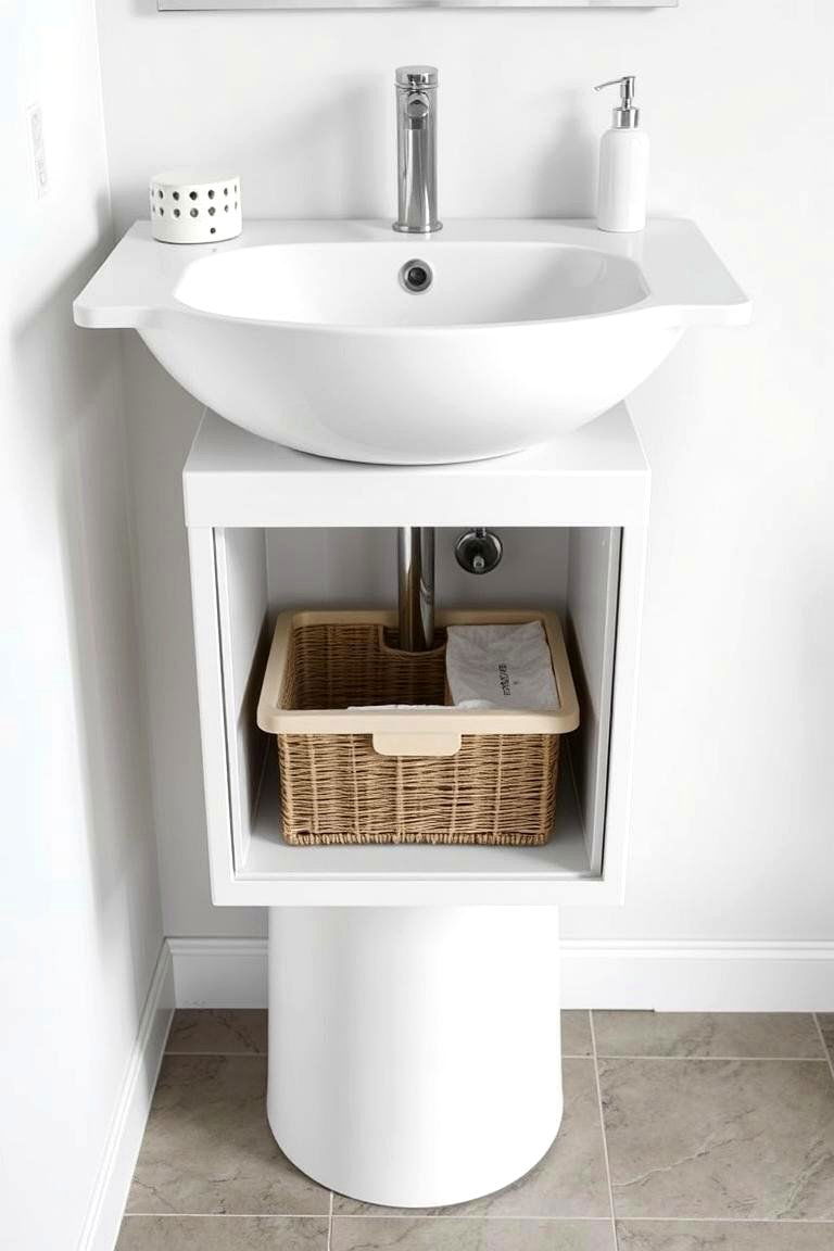 Integrated Storage Basket - 24 Pedestal Sink Storage Ideas