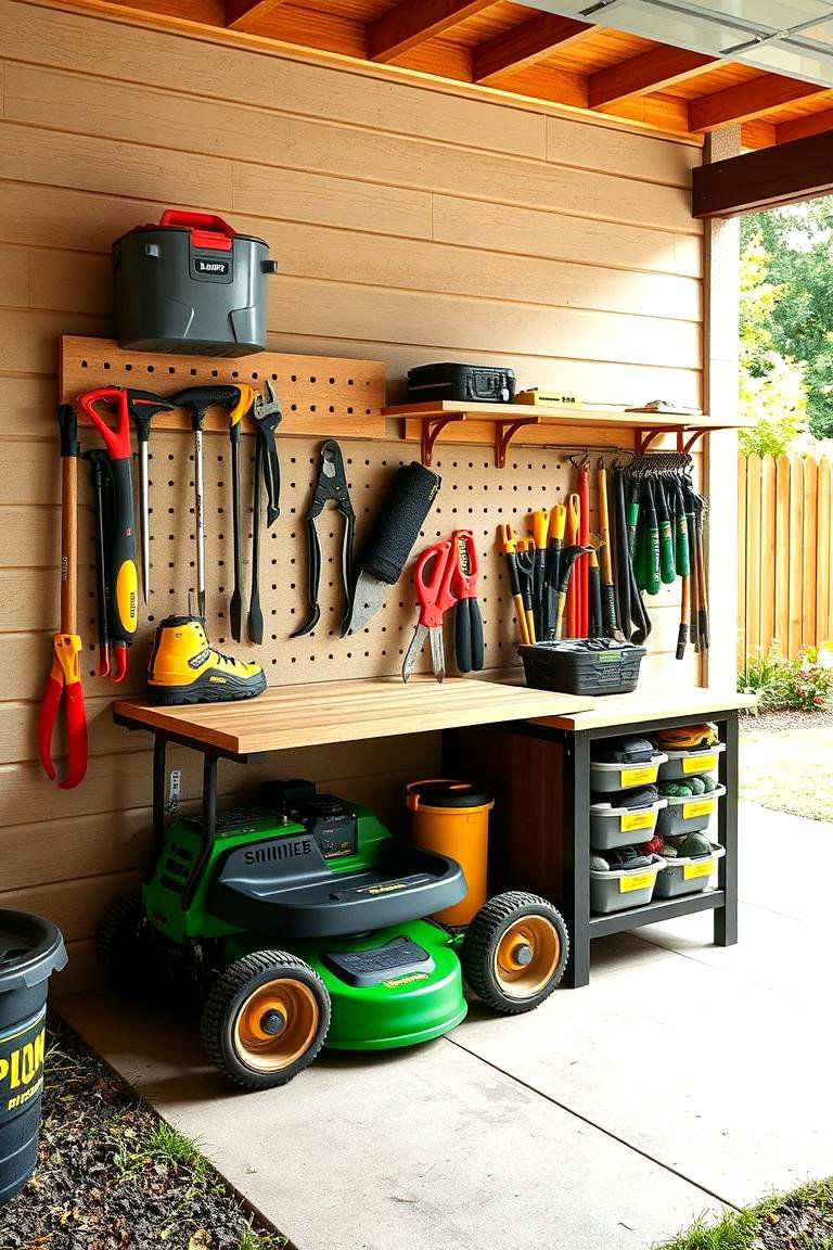 Integrated Tool and Mower Station - 24 Lawn Mower Storage Ideas