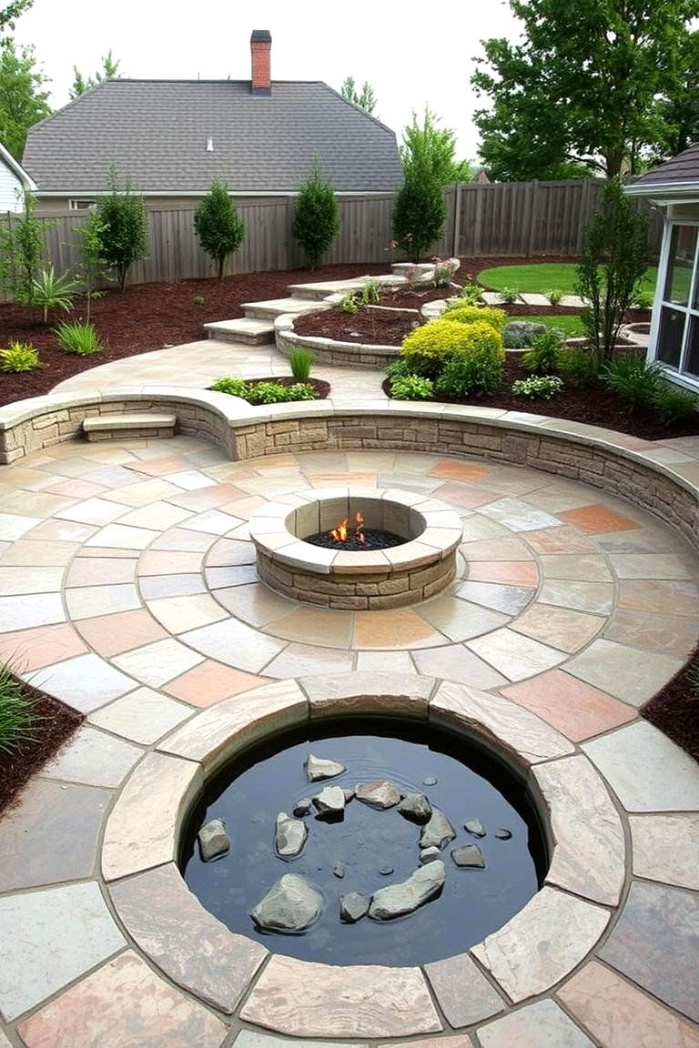 Integrated Water Feature and Fire Pit Stone Patio - 24 Stone Patio With a Fire Pit Ideas