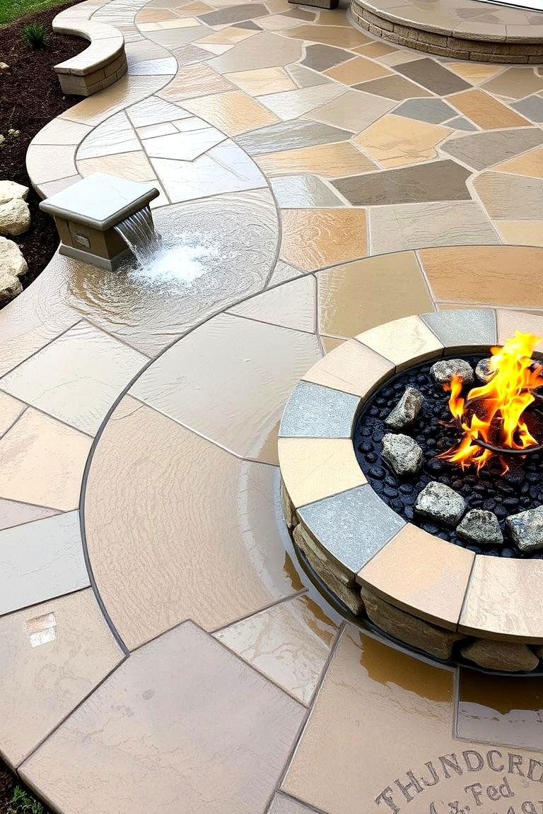Integrated Water Features and Fire Elements - 24 stamped concrete patio with fire pit ideas