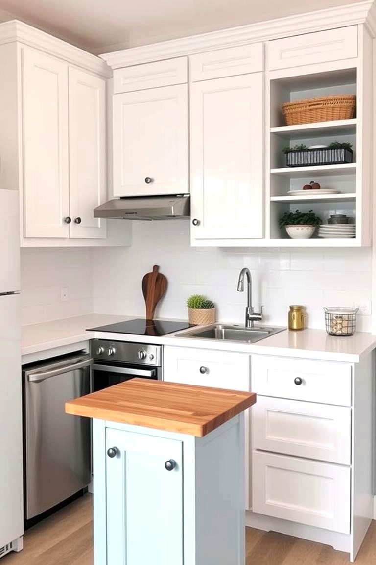 Integrating Appliances Seamlessly - 24 White Kitchen Cabinets With Blue Island