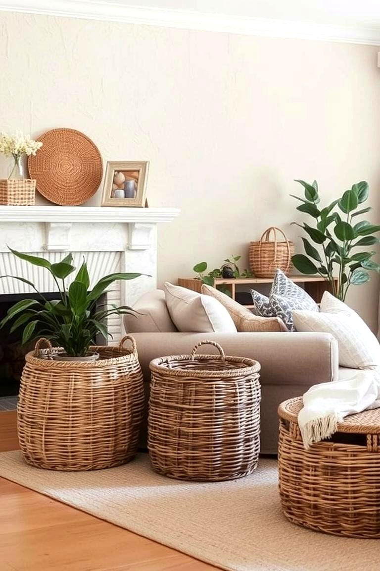 Integrating Woven Baskets for Storage - 24 Greige Living Room Ideas