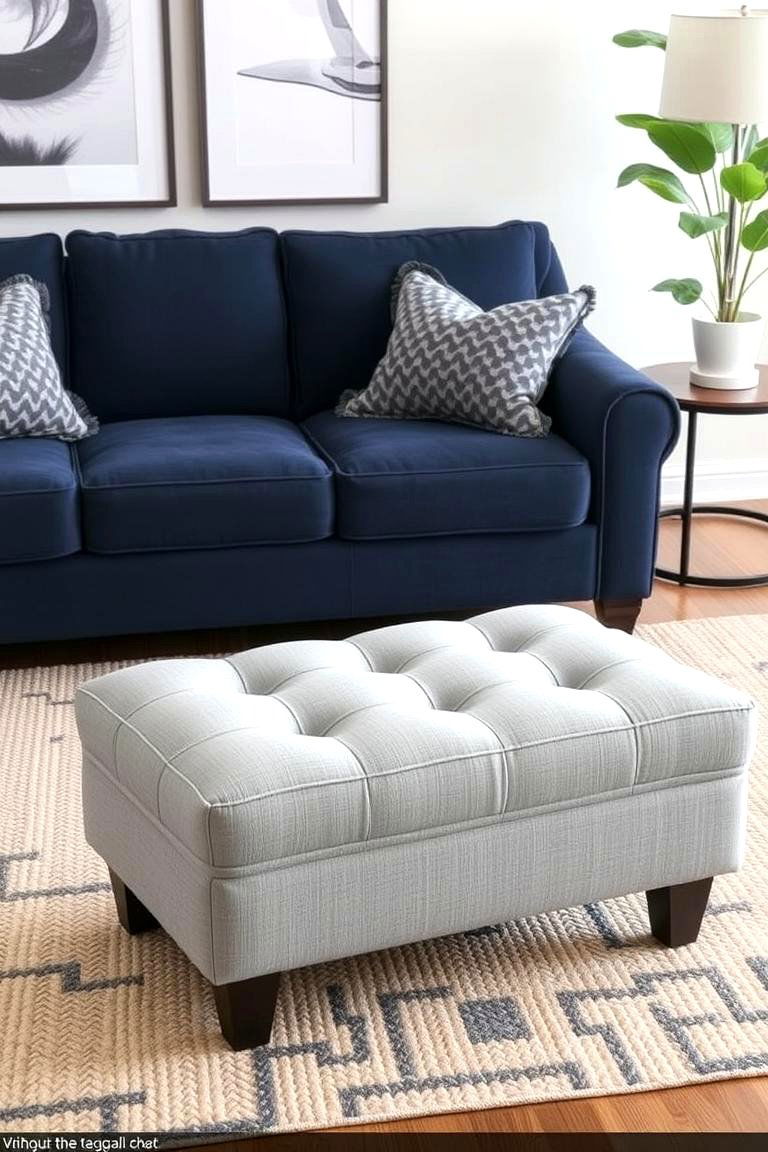 Integrating a Grey Ottoman for Versatility - 24 Navy Blue and Grey Living Room Ideas