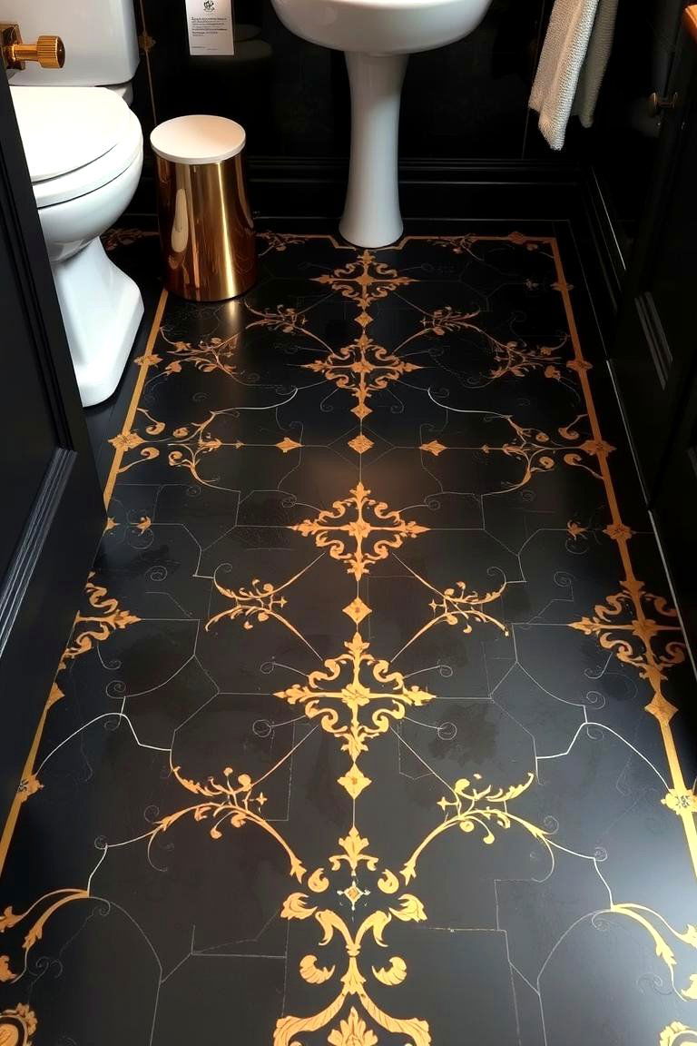 Intricate Black Floor with Gold Inlays - 24 black and gold powder room ideas
