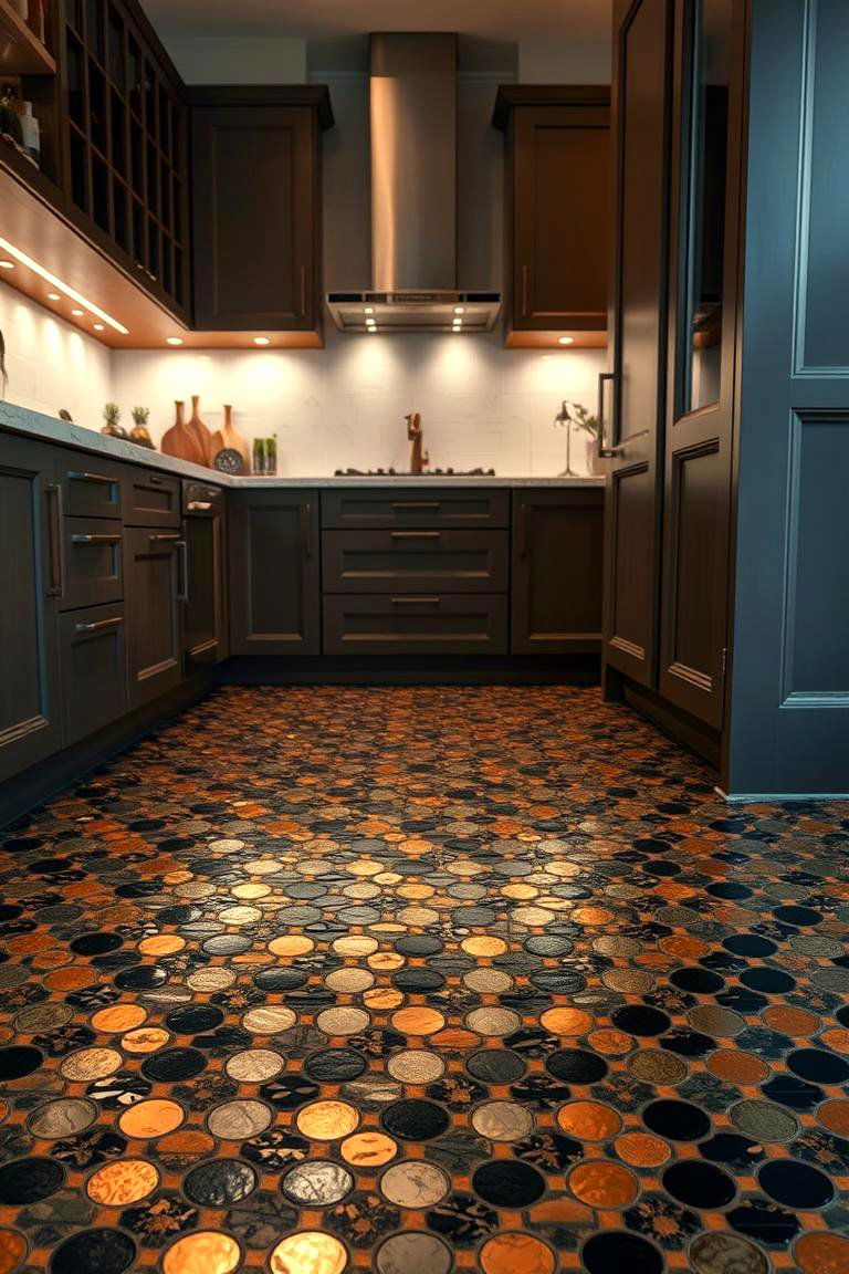 Intricate Black and Copper Mosaic Flooring - 24 black and copper kitchen ideas