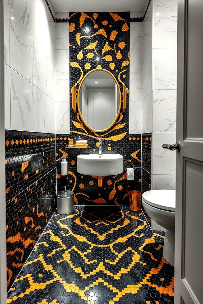 Intricate Black and Gold Floor Mosaic - 24 black and gold powder room ideas