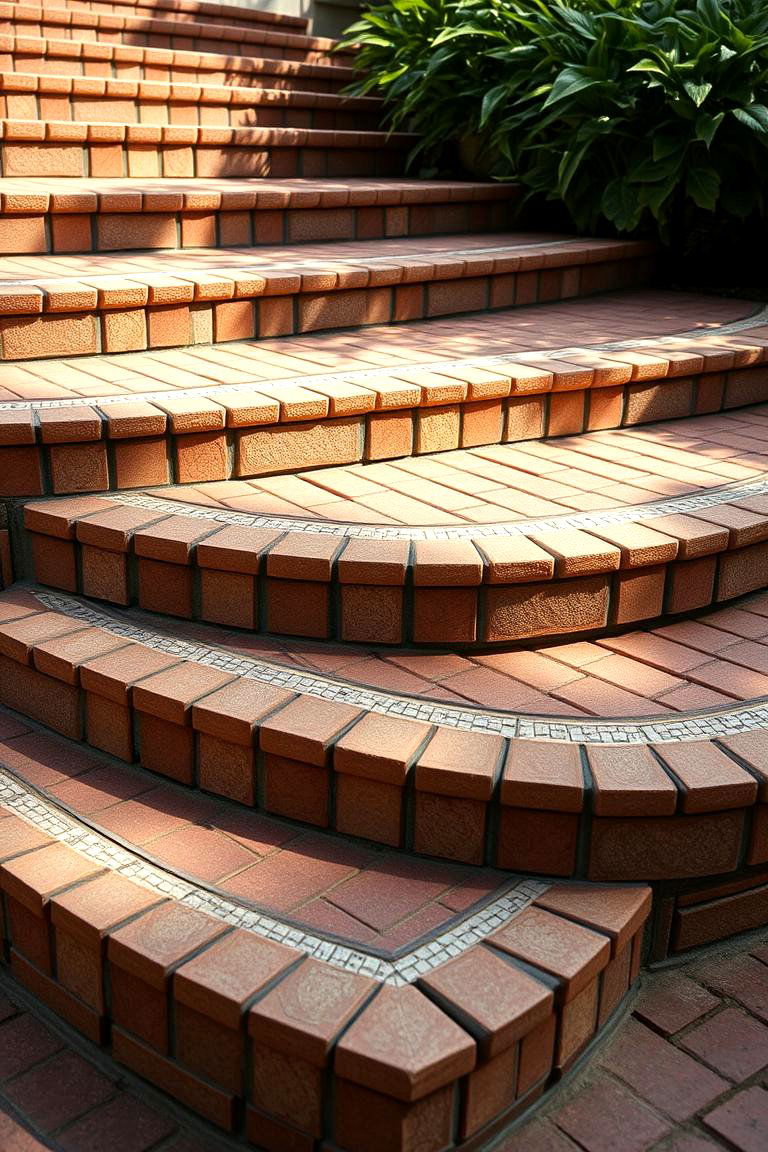 Intricate Brick Patterns with Mosaic Borders - 24 Brick Front Steps Design Ideas