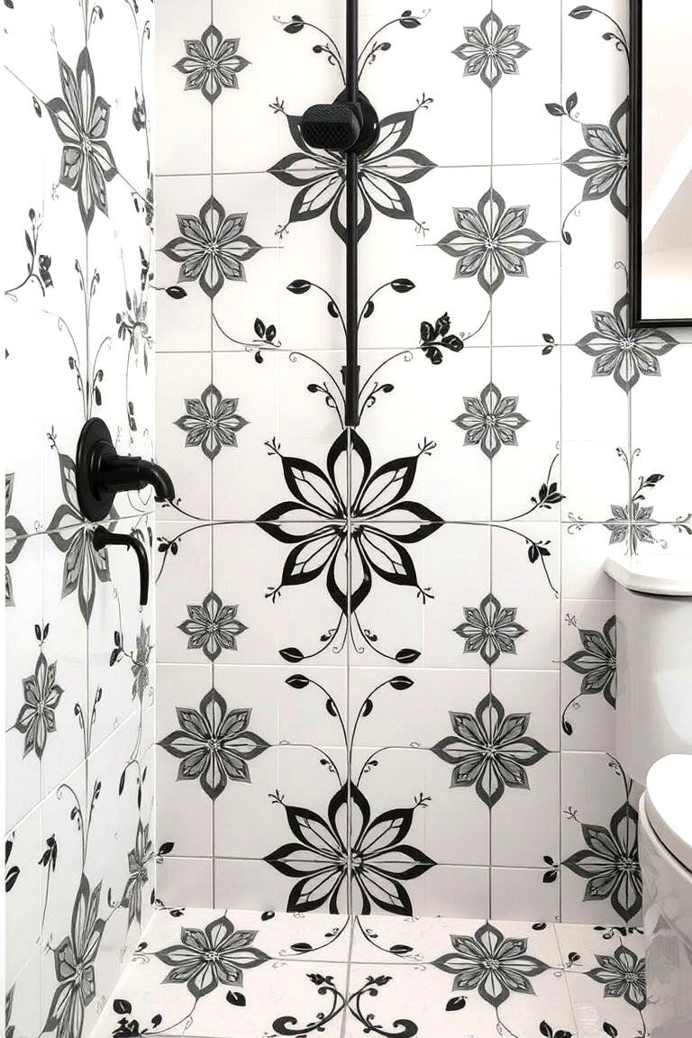 Intricate Floral Motif Tiles - 24 Black and White Bathroom Tile Ideas