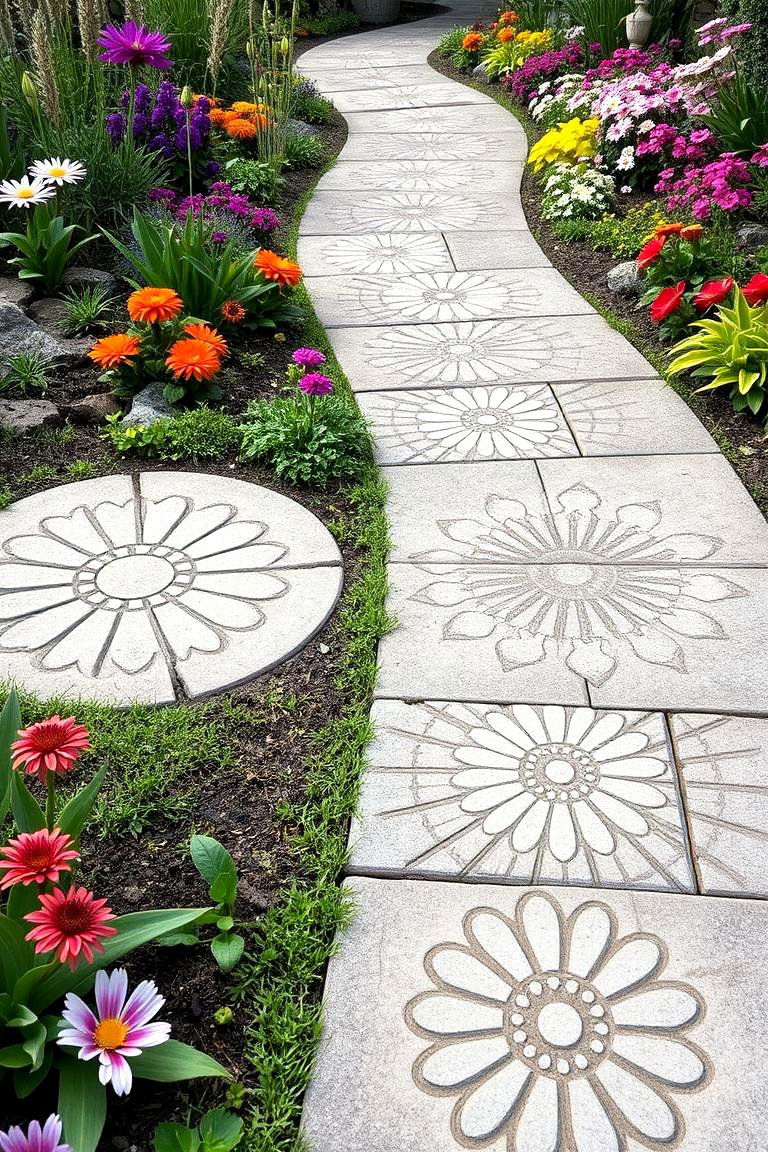 Intricate Floral Patterns - 24 Concrete Paver Walkway Ideas