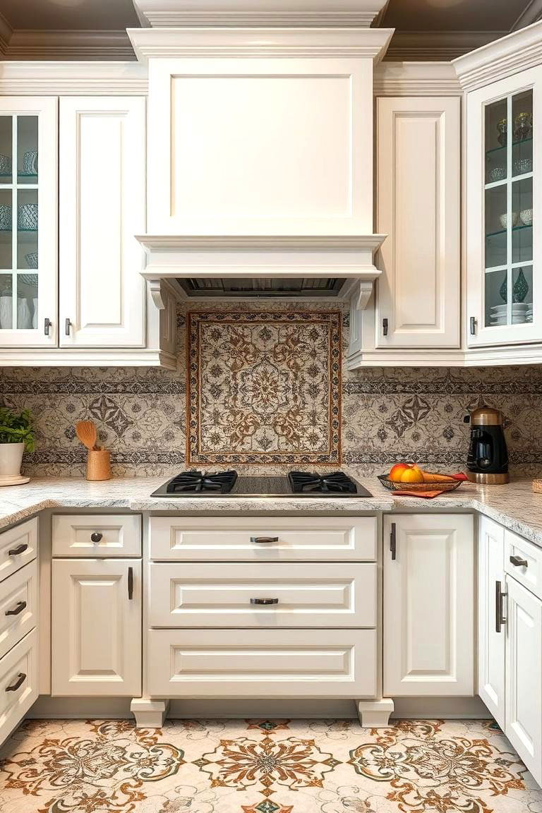 Intricate Tile Inlay - 24 White Cabinet Kitchen Backsplash Ideas