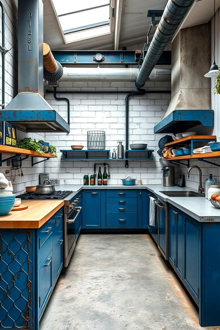 Intriguing Blue Industrial Touches - 24 Blue and White Kitchen Ideas