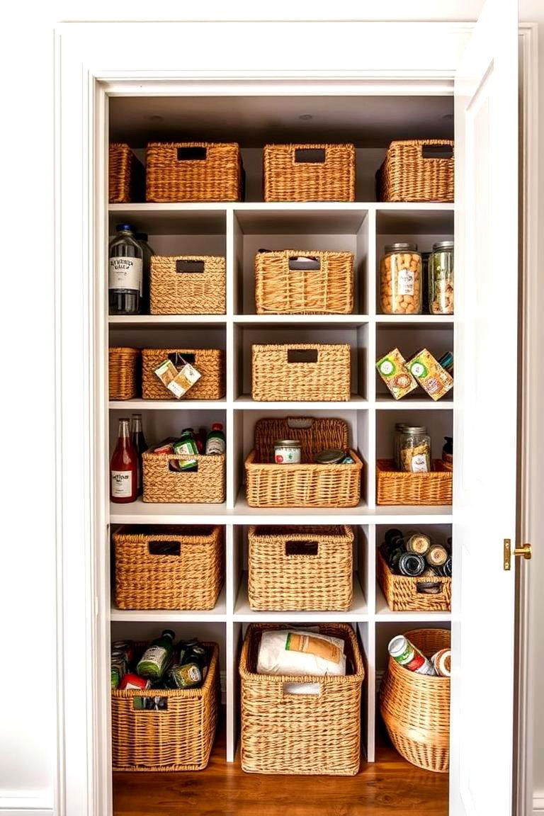 Introduce Baskets for Grouping Items - 24 Open Pantry Ideas