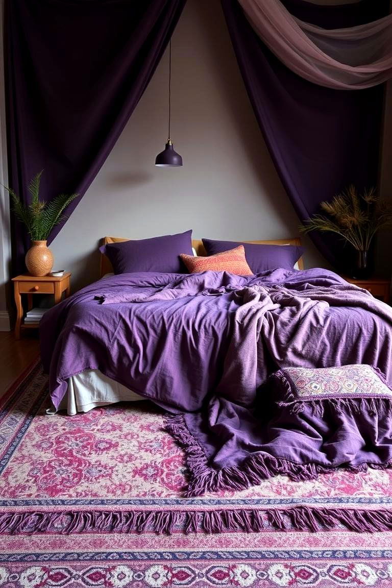 Introduce Bohemian Vibes with Layered Purple Textiles - 24 Purple Bedroom Ideas