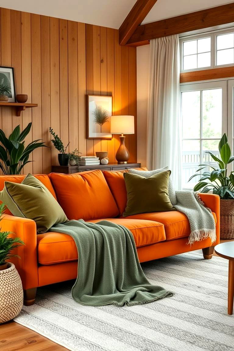 Introduce Earthy Greens for a Natural Feel - 24 Orange Couch Living Room Ideas