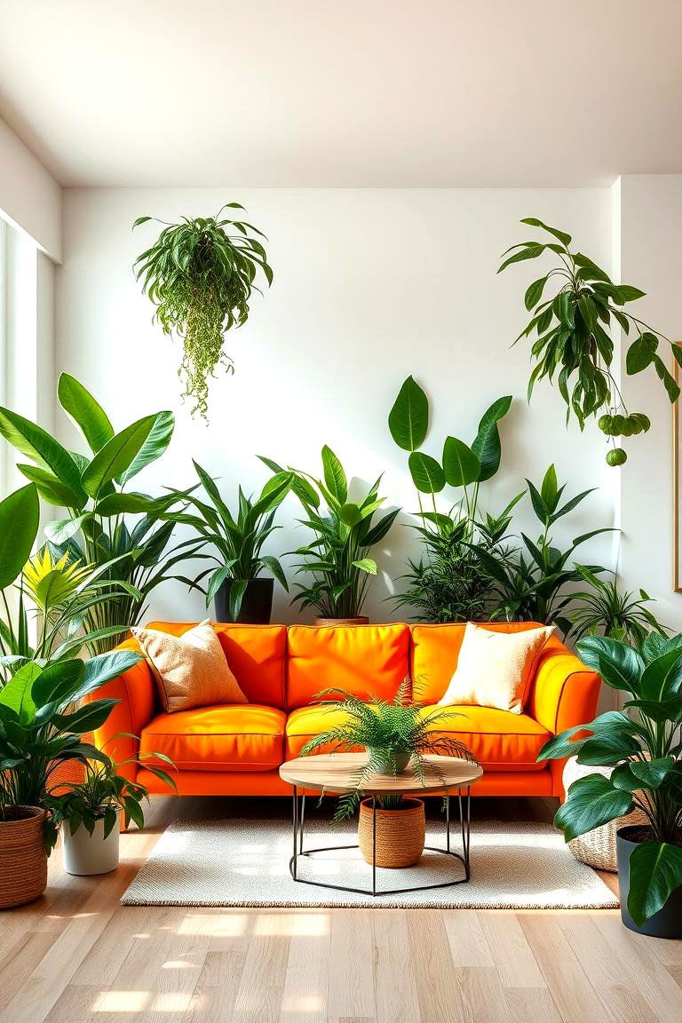 Introduce Indoor Plants for Freshness - 24 Orange Couch Living Room Ideas