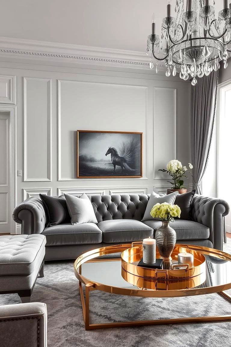Introduce Metallic Accents for Glamour - 24 Grey Living Room Ideas