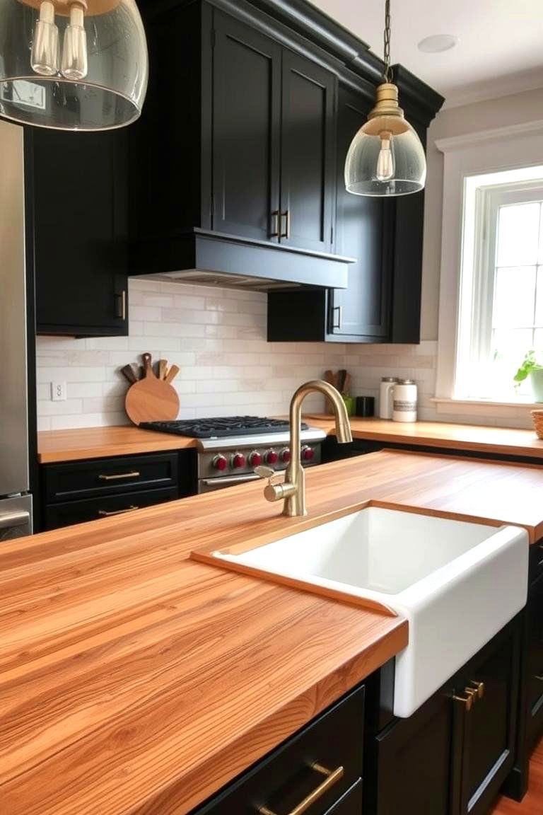 Introduce Texture with a Wood Plank Countertop - 24 Kitchen With Black Cabinets And Wood Countertops Ideas