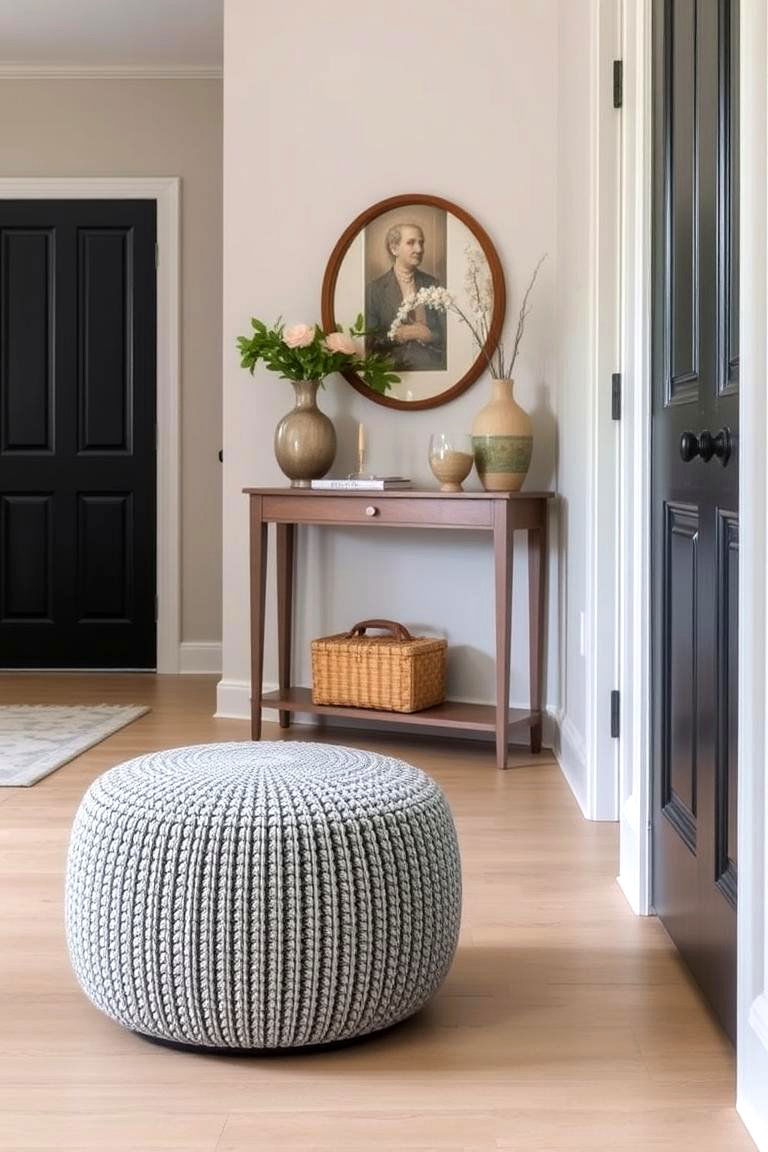 Introduce Versatility with a Small Ottoman or Pouf - 24 Hallway Decor Ideas