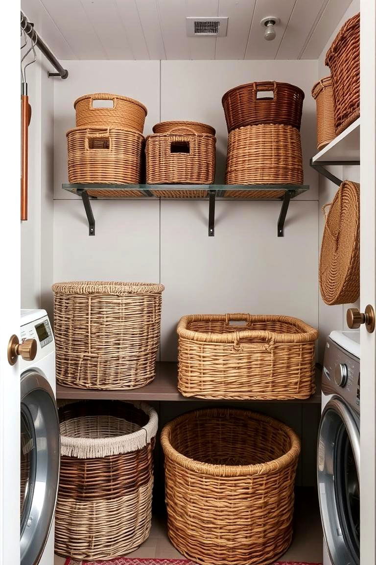 Introduce Woven Baskets for Storage - 24 Rustic Laundry Room Ideas