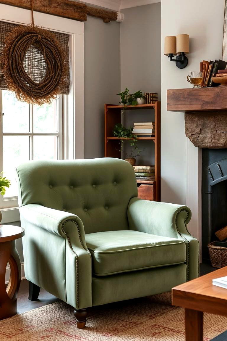 Introduce a Cozy Armchair in Sage Green Velvet or Corduroy - 24 Rustic Sage Green Living Room Ideas