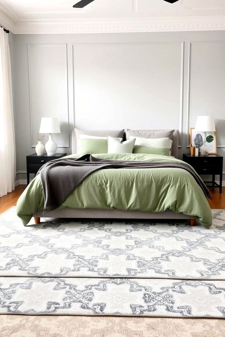 Introduce a Patterned Rug - 24 Sage Green and Grey Bedroom Ideas