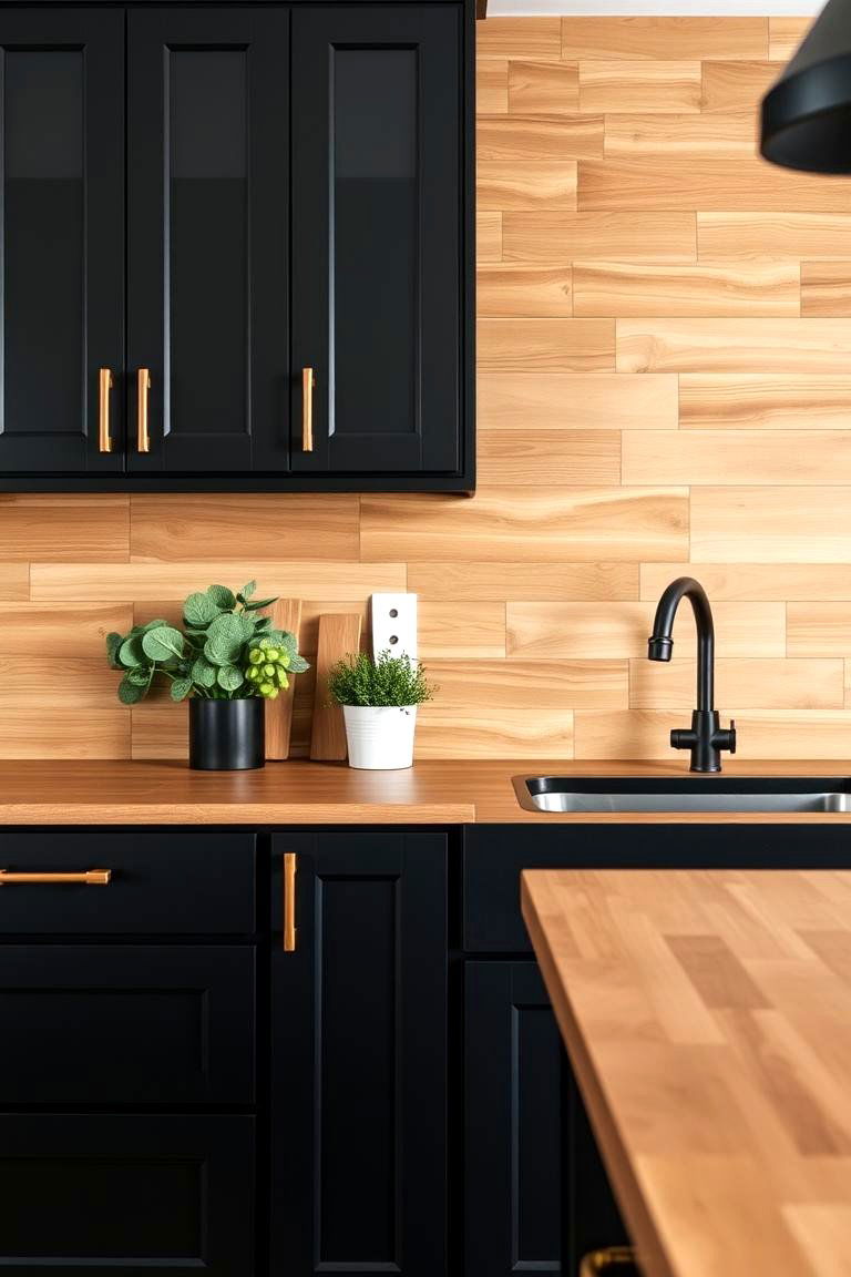 Introduce a Wood Backsplash - 24 Kitchen With Black Cabinets And Wood Countertops Ideas