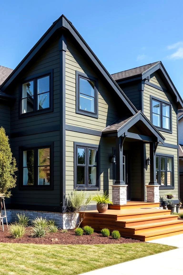 Invigorating Modern Tradition - 24 Dark Olive Green House With Black Trim