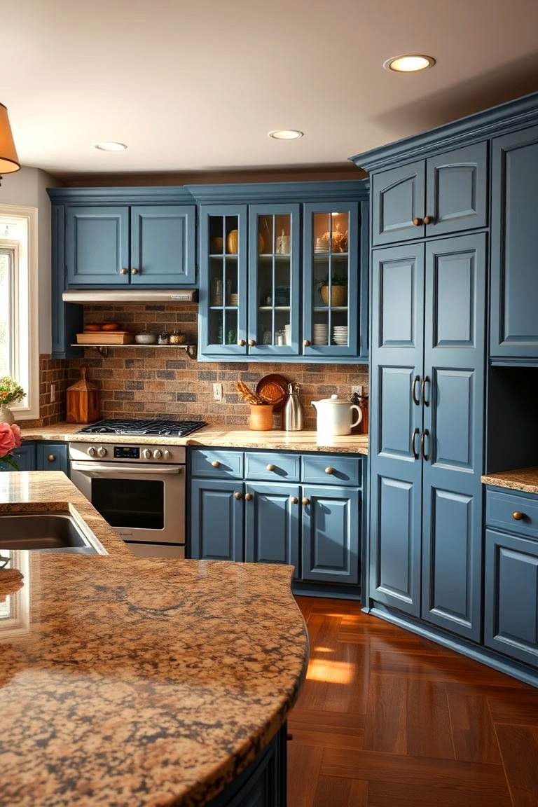 Inviting Ambiance for a Warm Kitchen - 24 blue kitchen cabinets with brown granite countertops
