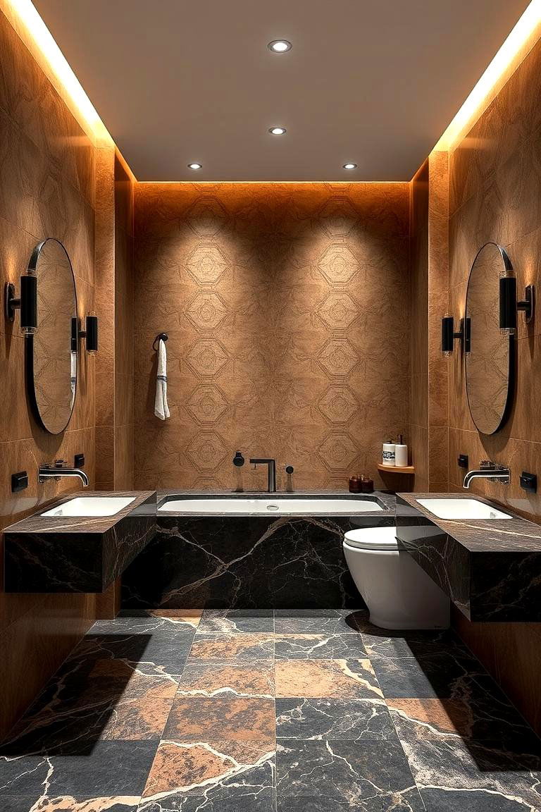 Inviting Ambience with Brown Granite and Black Marble - 24 brown and black bathroom ideas