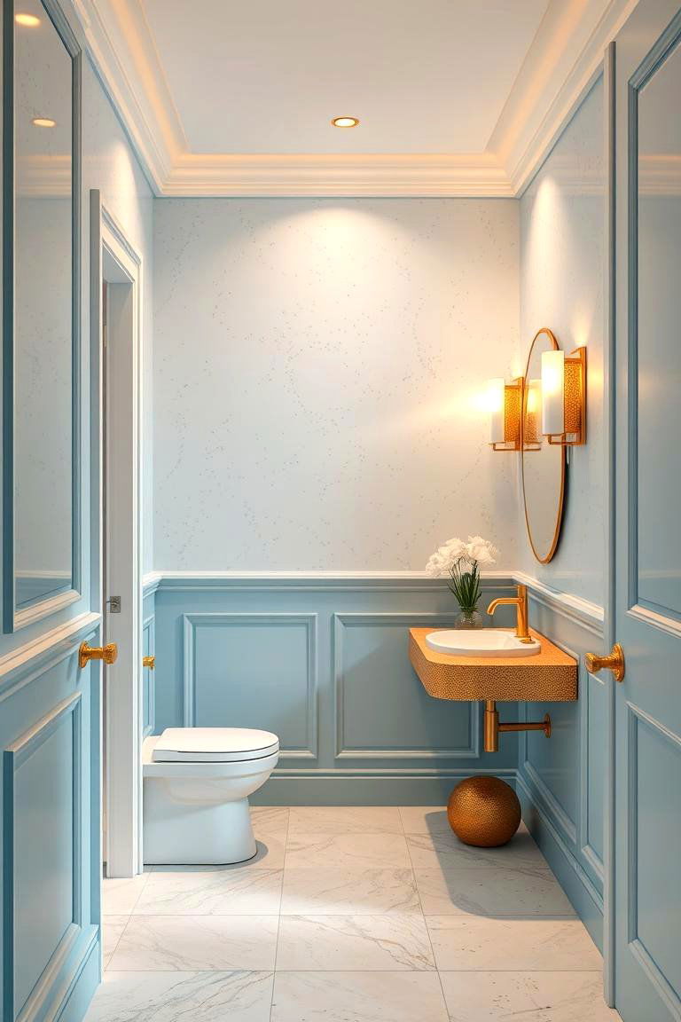 Inviting Blue Walls with Sparkling Gold Details - 24 Blue and Gold Bathroom Ideas