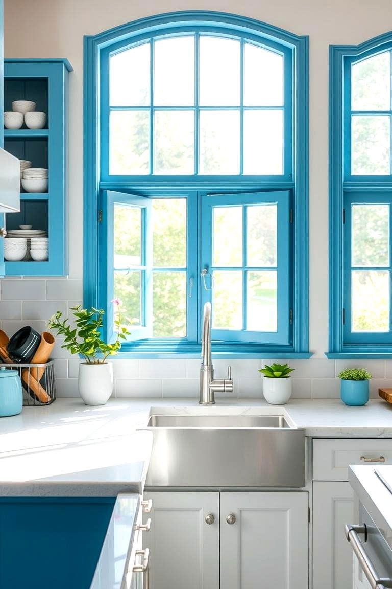 Inviting Blue Window Frames - 24 Blue and White Kitchen Ideas