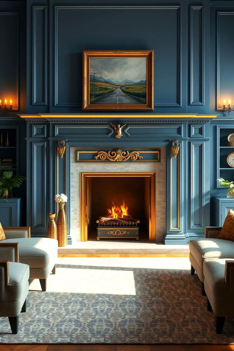 Inviting Blue and Gold Fireplace Surround - 24 Blue and Gold Living Room Ideas