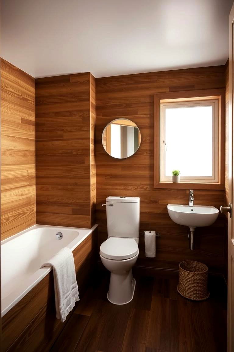 Inviting Brown Wood Paneling with White Ceramics - 24 Brown and White Bathroom Ideas