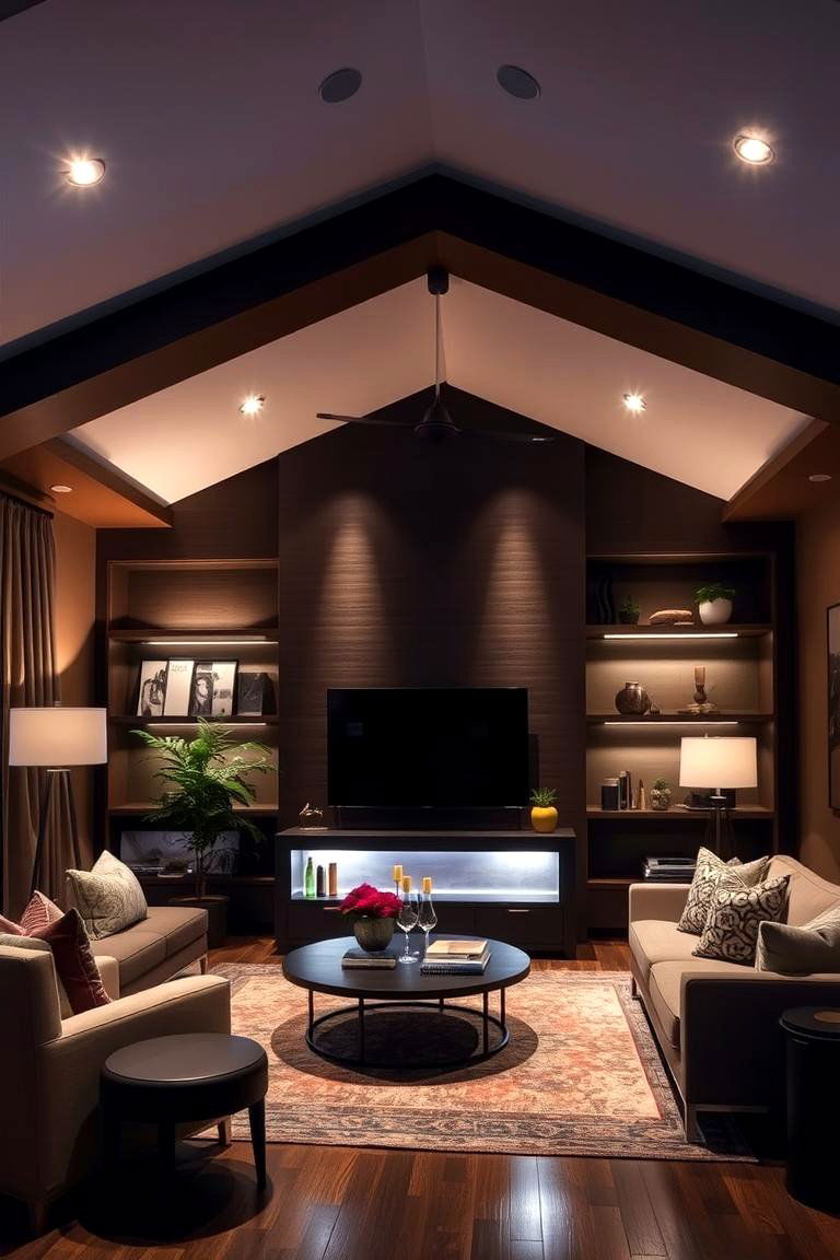 Inviting Brown with Layered Lighting - 24 Brown Living Room Ideas
