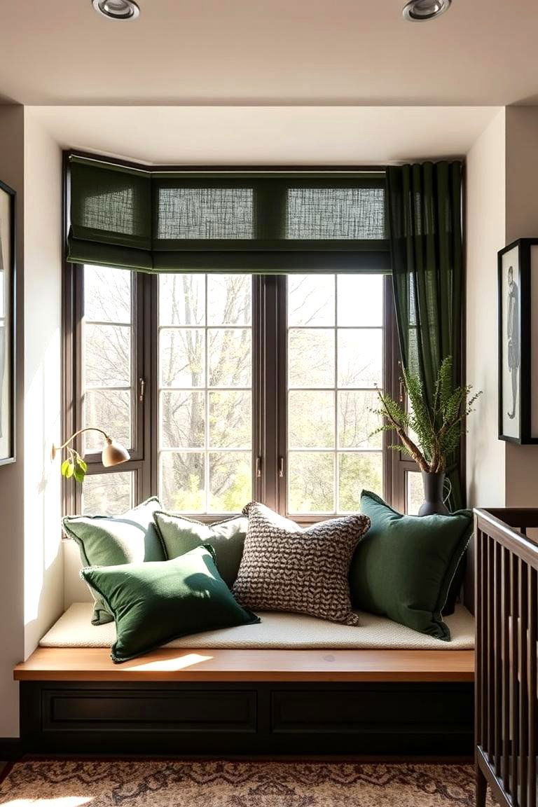 Inviting Dark Green Window Seat with Cushions - 24 Dark Green Nursery Ideas