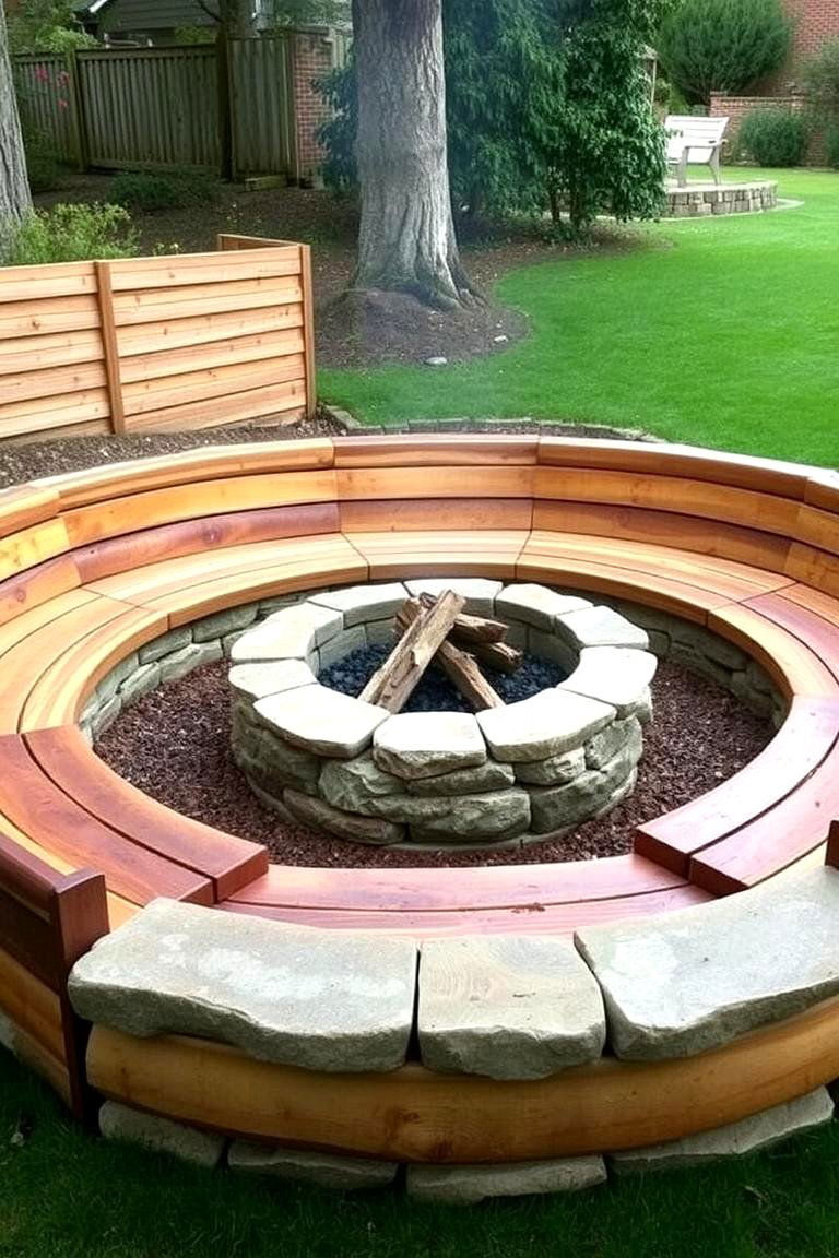 Inviting Fire Pit with Built in Wooden Benches - 24 Rustic Fire Pit Ideas