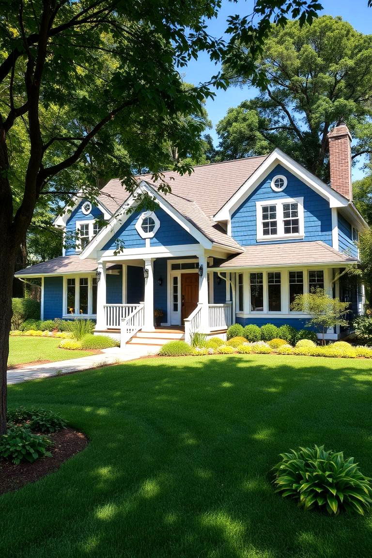 Inviting Landscape Integration - 24 Blue House Siding With White Trim