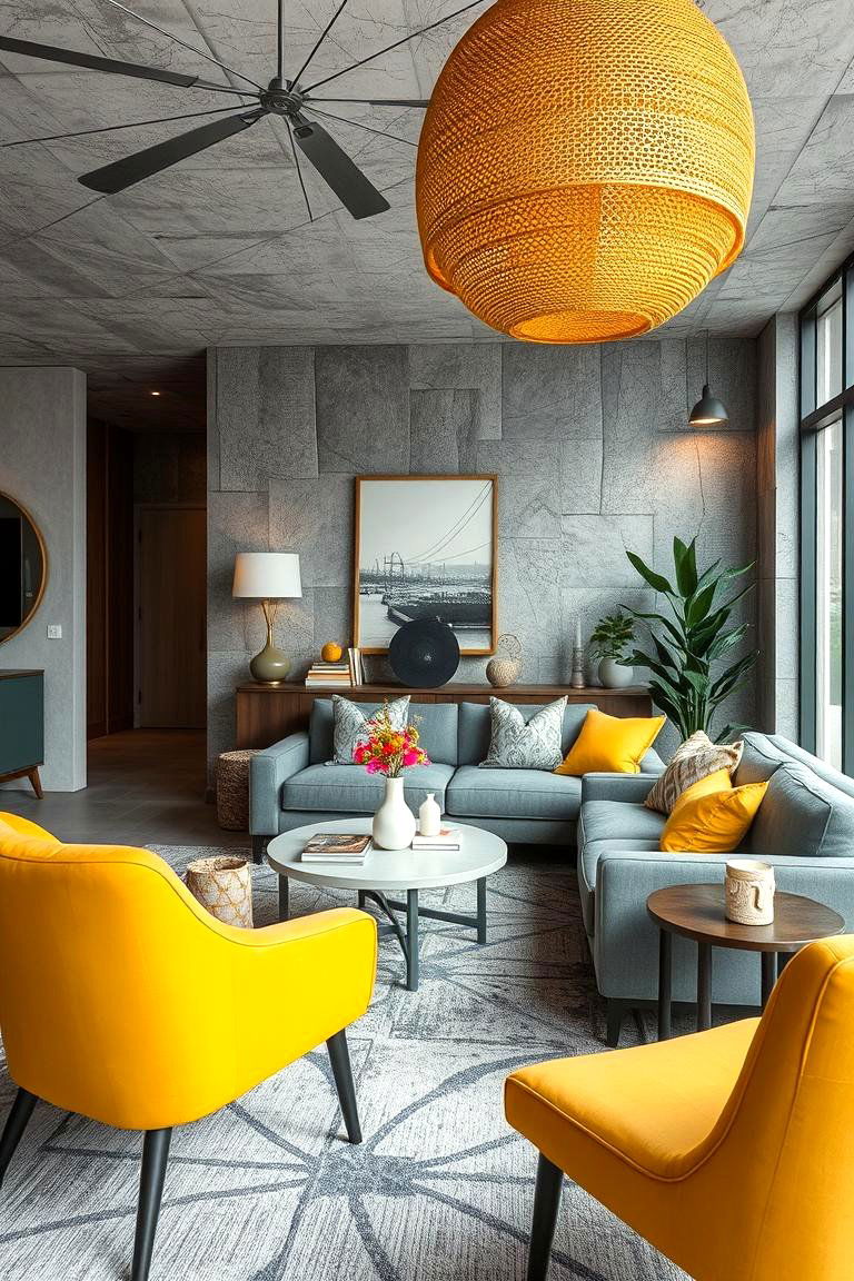 Inviting Lounge Mixed Textures in Grey and Yellow - 24 Grey and Yellow Living Room Ideas