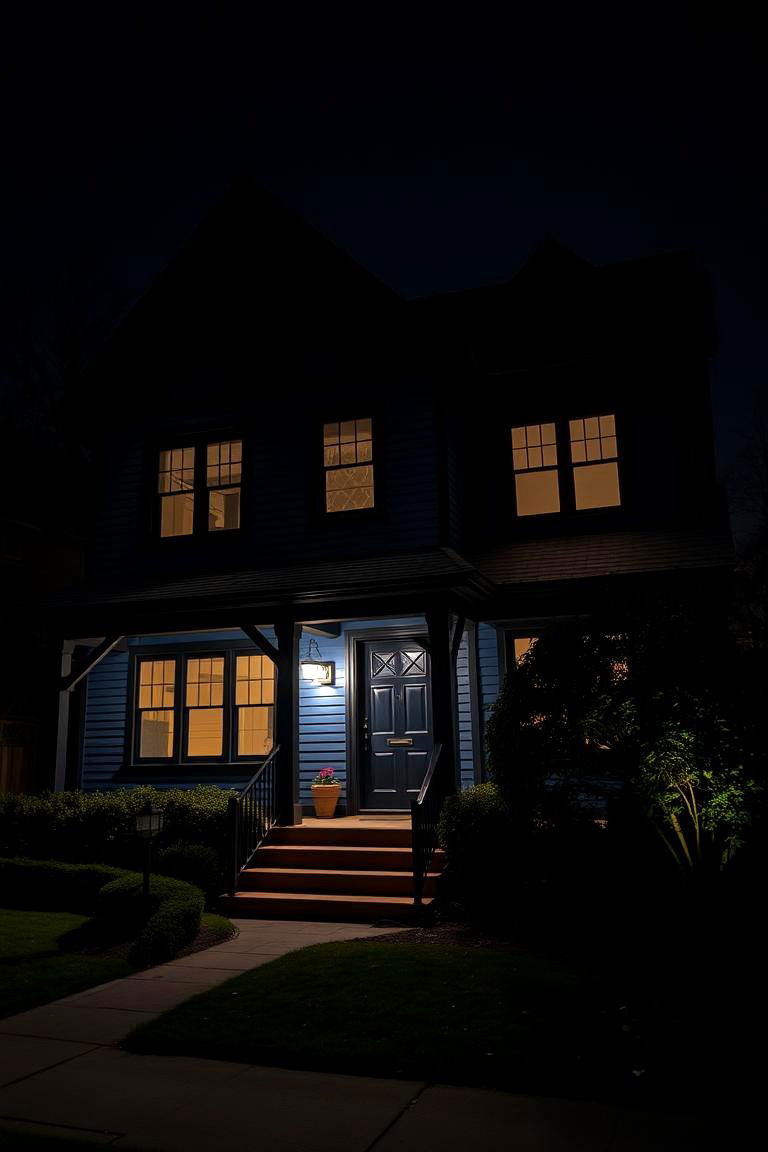 Inviting Nighttime Illumination - 24 Dark Blue House With Black Trim