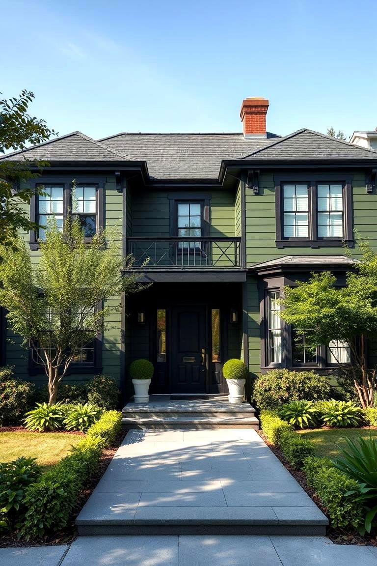 Inviting Outdoor Sanctuary - 24 Dark Olive Green House With Black Trim