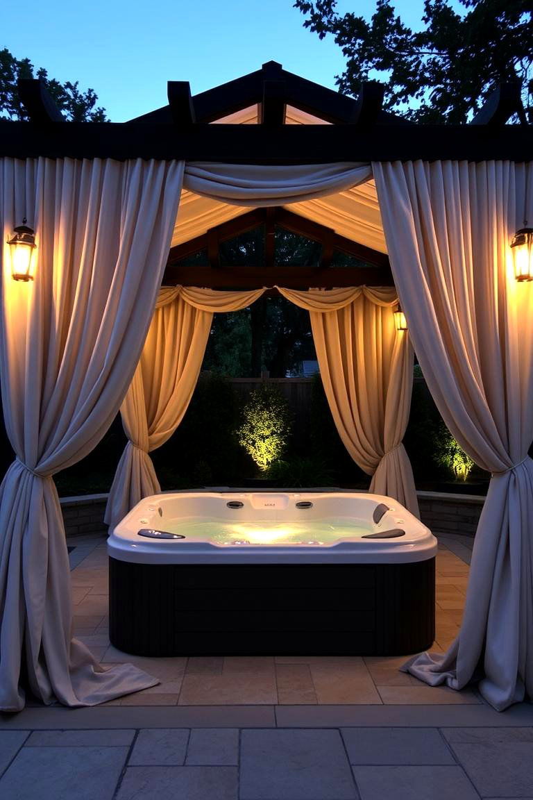 Inviting Pergola with Drapes - 24 Hot Tub Enclosure Ideas