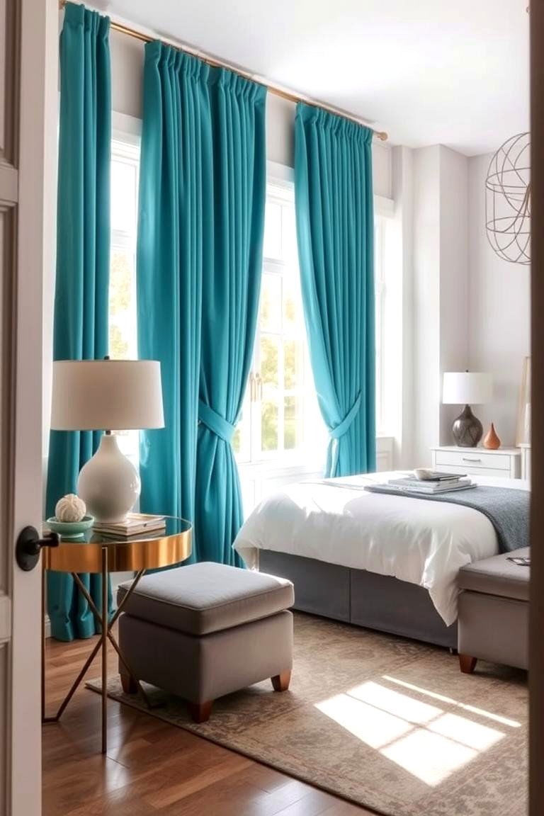 Inviting Teal Curtains - 24 Teal and Grey Bedroom Ideas