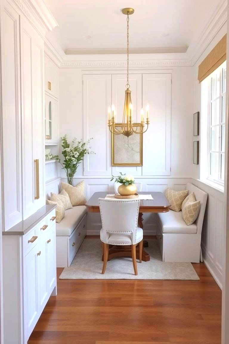 Inviting White Dining Nook with Gold Elements - 24 White and Gold Kitchen Ideas