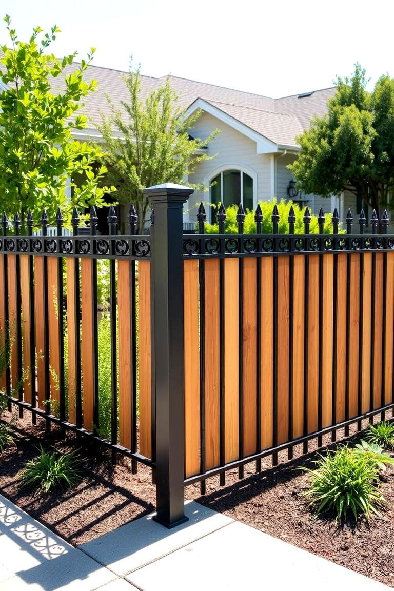 Iron and Wood Hybrid Fence - 24 Front Yard Fence Ideas