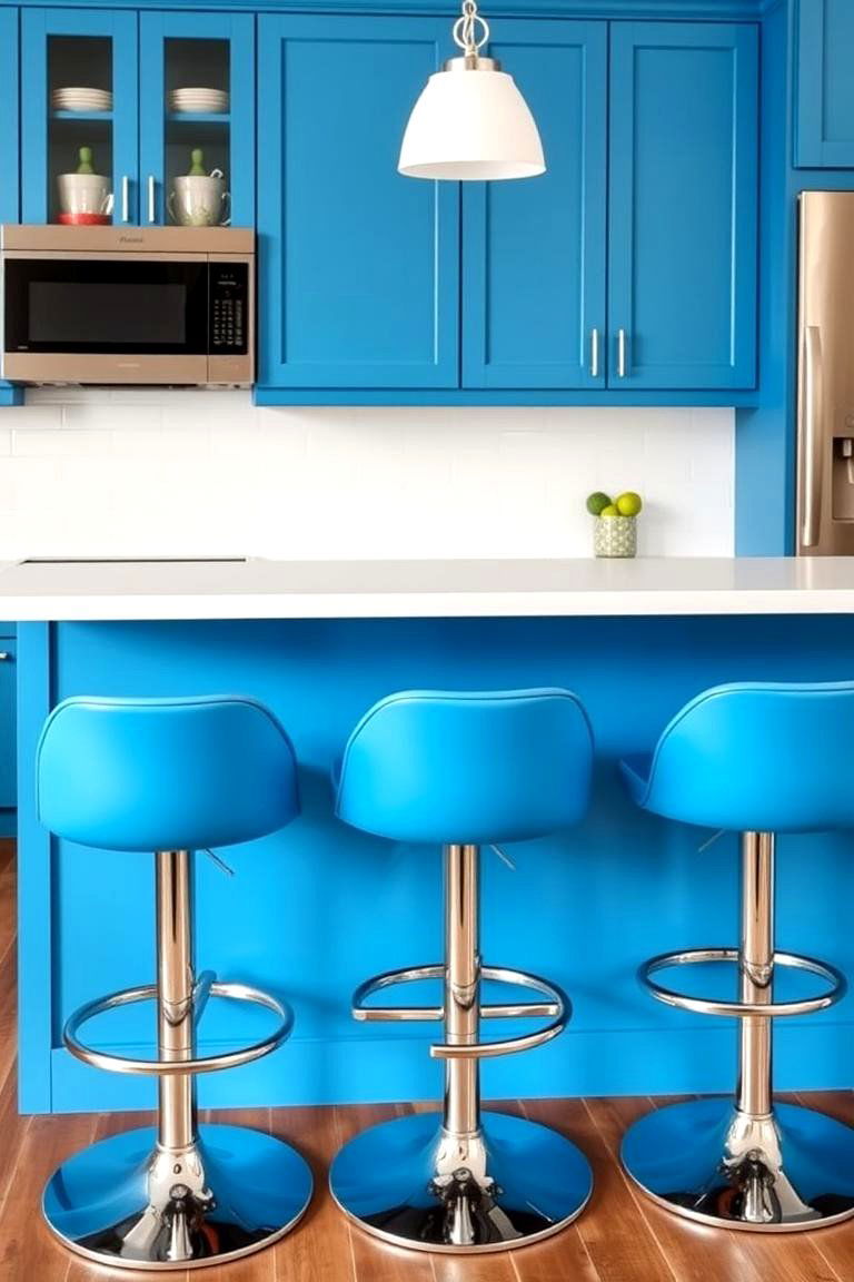 Island with Colorful Cabinets and Matching Stools - 24 Kitchen Island Ideas With Seating