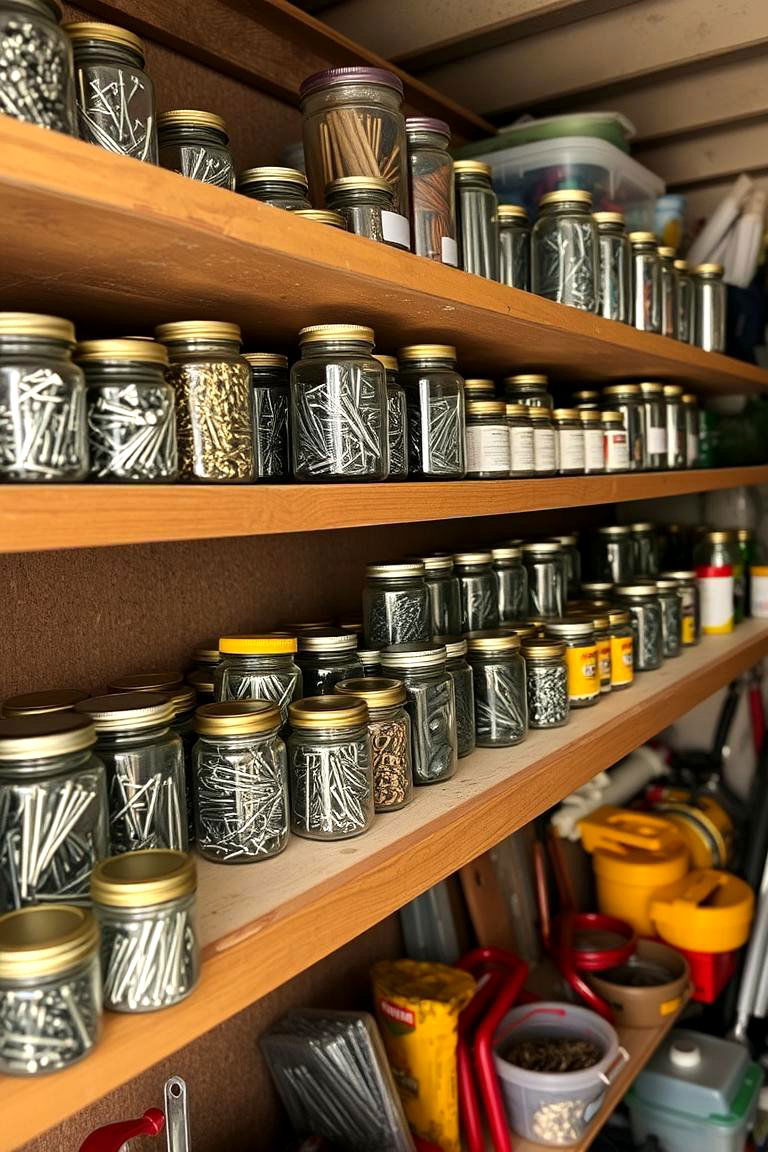 Jars and Small Containers on Shelves - 24 Shed Shelving Ideas