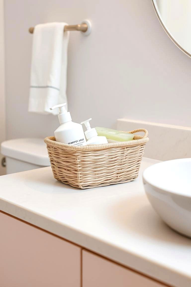 Keep Extra Toiletries in a Small Basket - 24 Bathroom Counter Organization Ideas