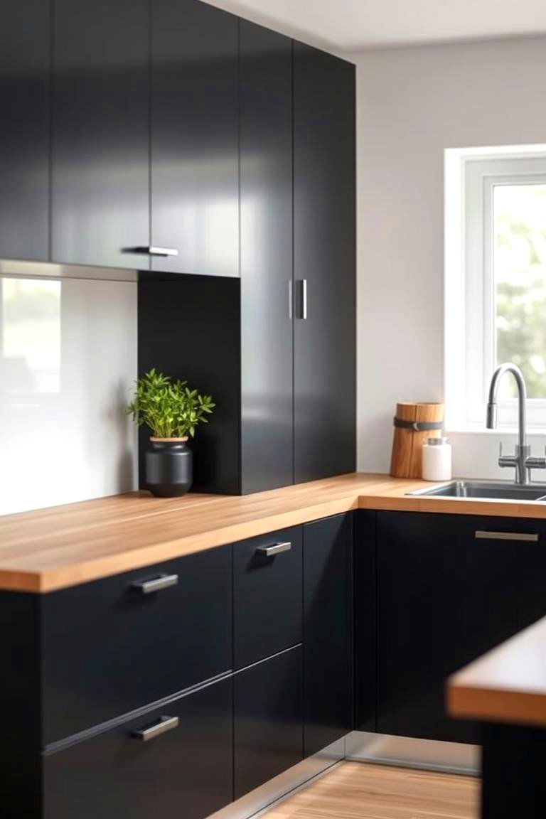 Keep it Simple with Minimal Hardware - 24 Kitchen With Black Cabinets And Wood Countertops Ideas