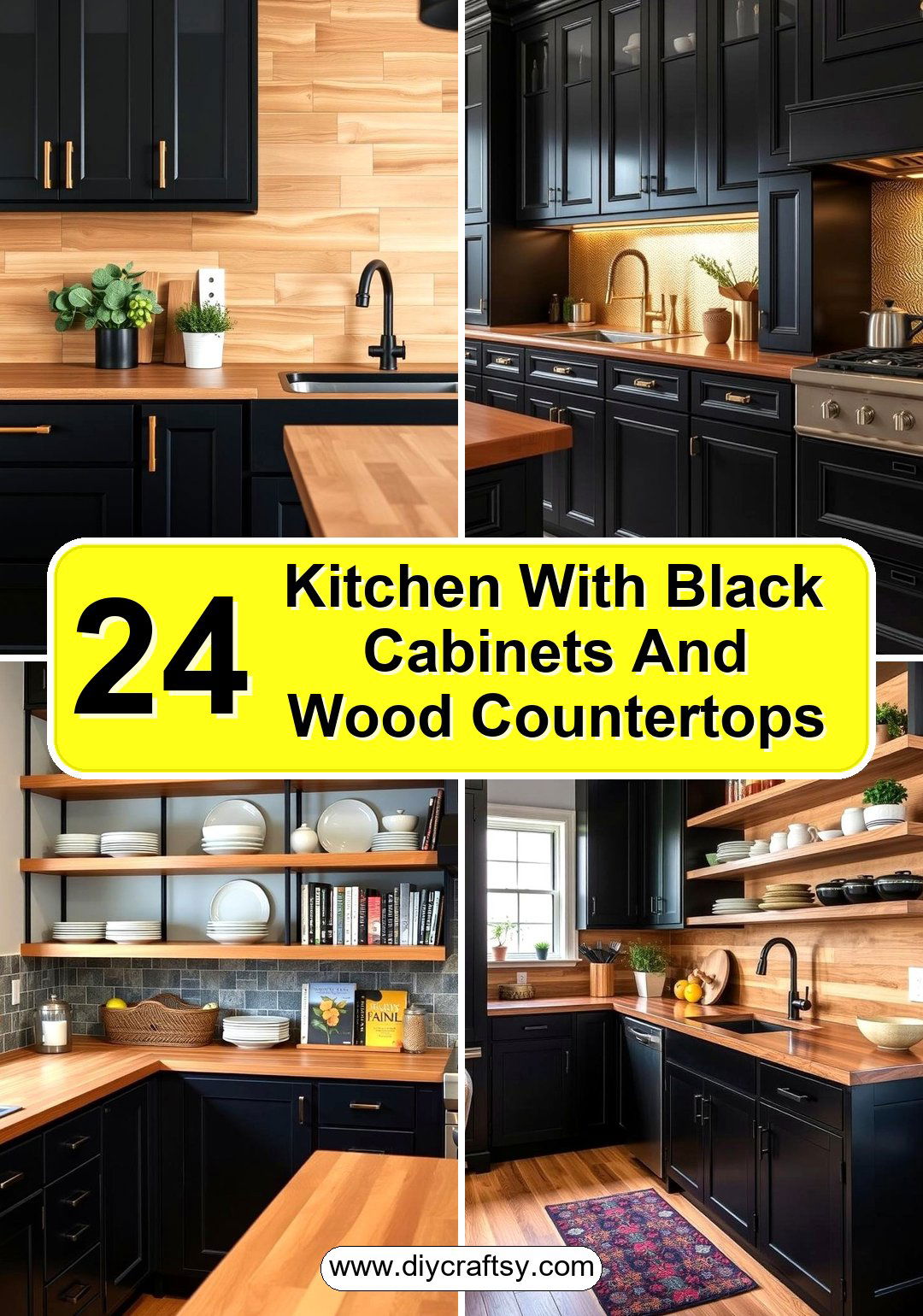 Kitchen With Black Cabinets And Wood Countertops Ideas