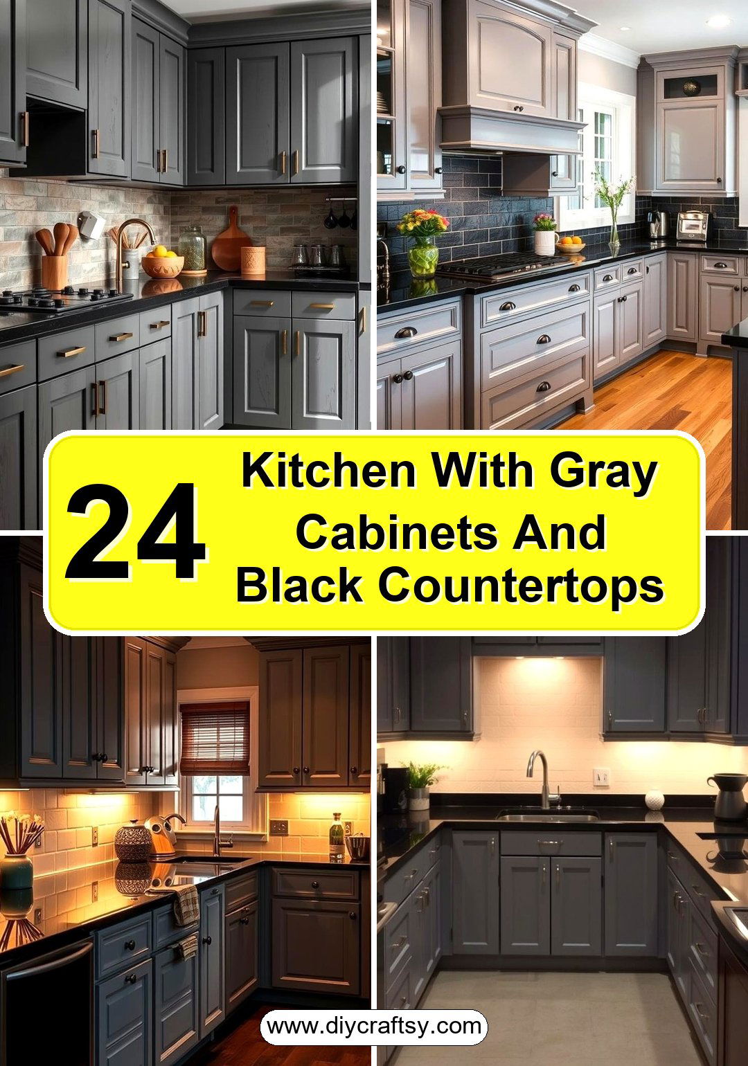 Kitchen With Gray Cabinets And Black Countertops Ideas